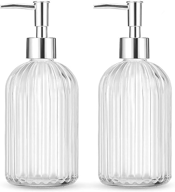 2 Pack Glass Soap Dispenser Bottle with Pump,14 Oz Clear Glass Jar Soap Liquid Hand Soap Dispenser, Refillable Liquid Hand Jar Dispenser for Bathroom, Countertop, Kitchen, Laundry Room (Transparent)