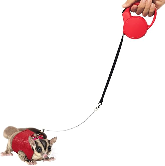 La La Pet Adjustable Retractable Sugar Glider Harness and Leash Set for Small Animals - Hamster, Outdoor Activities - Metal Chain, Red, S