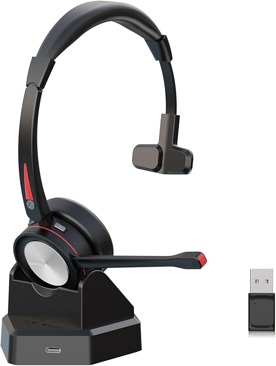 Bluetooth Headset with Microphone for PC Mono Wireless Headset with USB Adapter & Charging Station 40 Hours Talk Time Mono Wireless for Work Laptop Mobile Phone Microsoft Teams Phone