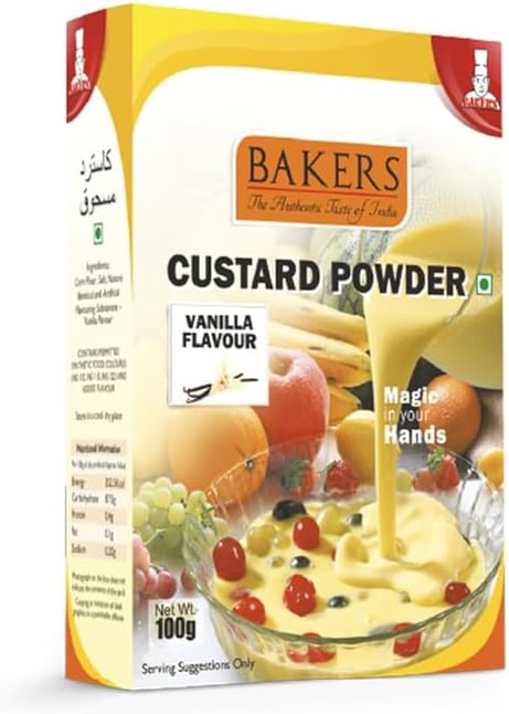 Bakers Vanilla Flavored Custard Powder, Smooth & Velvety Contains No Eggs Easy to Make - 100g (Pack Of 1)