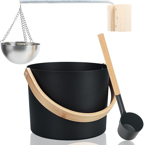 Sauna Bucket and Ladle Set,7 Liters Aluminum Sauna Accessories with Bamboo Handle Handle Spoon Essential Oil Diffuser Bowl Suitable for Hydrotherapy, Sauna and Steam Baths Home Sauna