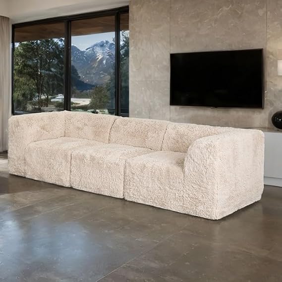Boneless Couch in Sand for Living Room - Modular Shaped Compressed Sofa with Deep Seating Oversized - Memory Foam Couch Washable Covers Faux Fur Upholstery