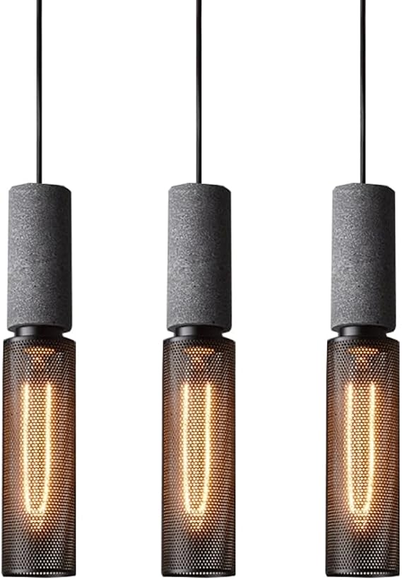 3 Pack Pendant Light Fixture, Concrete Long Tube Pendant Lights with Black Cylinder Metal Mesh Shade, Modern Industrial Mini Hanging Cement Pendant Lighting for Kitchen Island Dinning Room