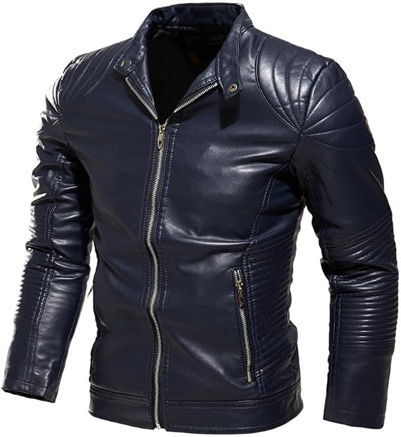 Dninmim Men's Pu Leather Jacket Fleece Motorcycle Casual Windbreaker Zipped With Stand Collar Coat