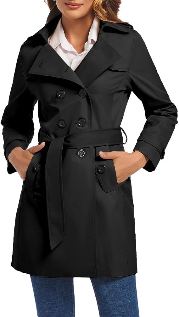 FARVALUE Women's Double Breasted Trench Coat Water Resistant Windbreaker Classic Belted Lapel Overcoat