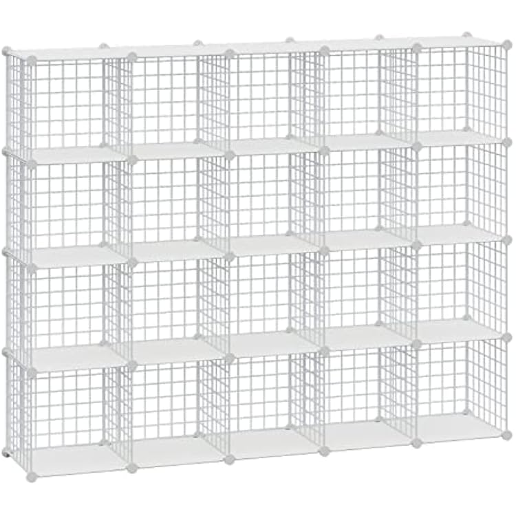 HUBSON Wire Cube Storage Organizer, BookToyCraftPotted Plants and petCloset Organizers and Storage Shelves, 20-Cube Freely Combinable Metal Grids Storage Shelf,White Plus Iron