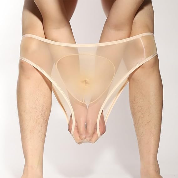 Men's Seamless Thong Underwear, Sheer Mesh Briefs with Soft Pouch, Stretch Nylon Middle Waist G-String, Unisex See Through Lingerie for Solid Color Man Panties(S Skin)