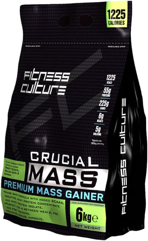 Fitness Culture Crucial Mass Gainer Protein Powder, Strawberry Flavour 6kg, Weight Gainer with Added BCAAs and Creatine Monohydrate for Muscle Building