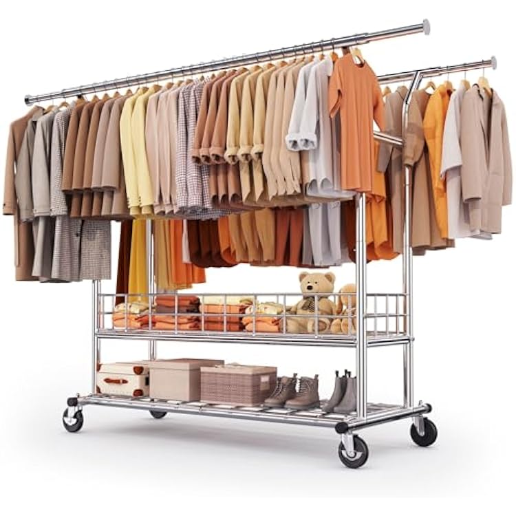 HOKEEPER Heavy Duty Clothes Rack Load 635 LBS, Clothing Rack for Hanging Clothes Adjustable Rolling Garment Rack with Wheels for Bedroom, Living Room Double Rod with Metal Basket