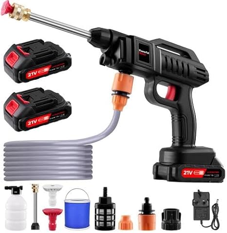 Pressure Washer Cordless,21V 1500W Portable Jet Washer Cordless, 60Bar/870 PSI High Power Machine with 2 Nozzles Kit 5M Hose for Washing Cars,Floor,Garden,with 2*Battery with bucket