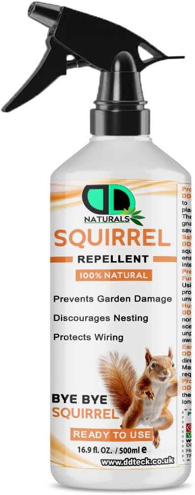 100% Natural Squirrel Repellent Spray - Long-Lasting Protection for Gardens, Lofts & Bird Feeders, Discourage Nesting, Protect Wiring, Prevents Chewing on Outdoor Furniture (500ml Spray)