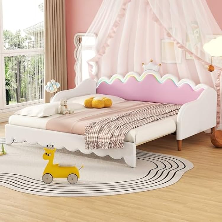 Twin Extending Daybed with LED Lights, Modern Upholstered Princess Daybed with Crown Headboard,PU Leather Upholstered Soft Princess Bed with Crown Headboard for Kids Girls Adults White