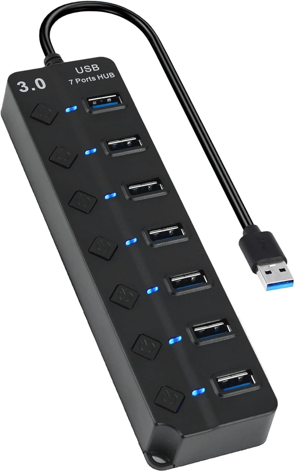 7-Port USB 3.0 Hub with Individual Switches & Lights, Multiple Port USB Adapter Extension High-Speed Data Hub, Portable USB Splitter with 1FT Extended Cable for PC, Laptop, Printer and More