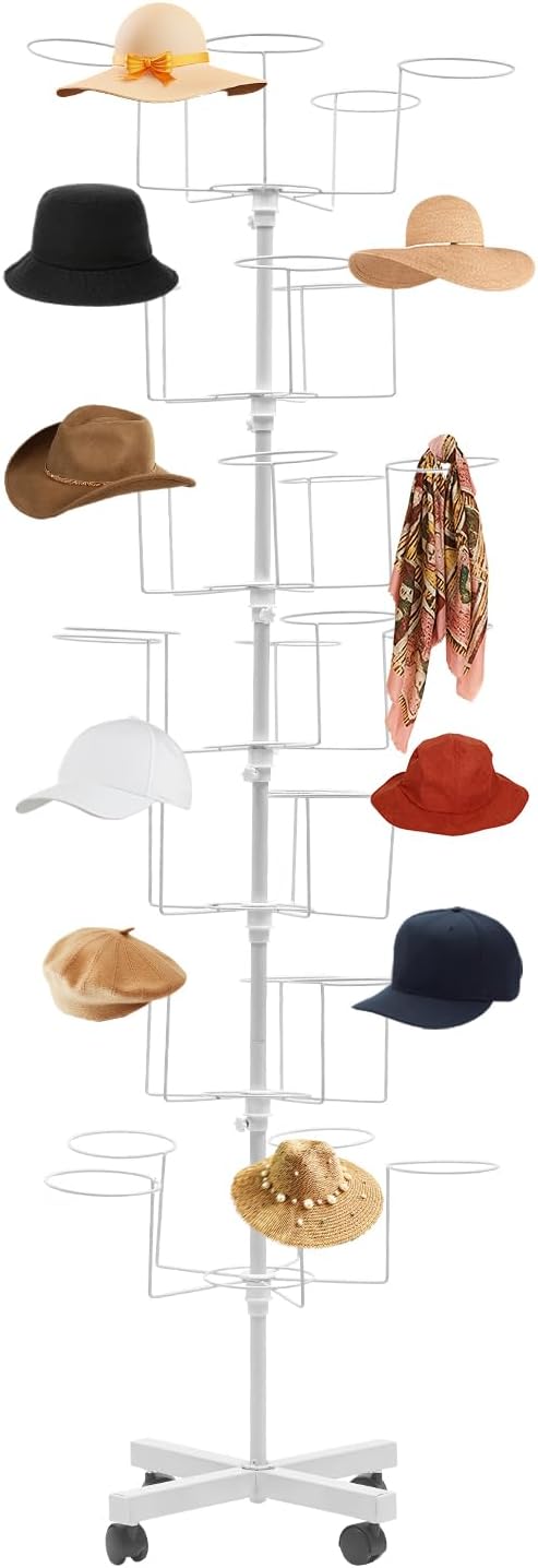 7-Tier Rotating Hat Display Rack, 35 Hooks Adjustable Metal Freestanding Hat Rack Stand Hat Holders Hat Display with Wheels, Hat Hanger Display Tower for Wig, Cap, Baseball Hat(7-Tier, White)