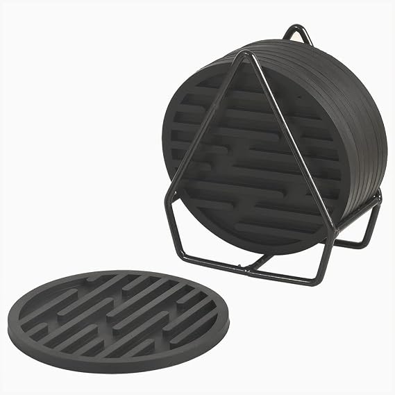 ionEgg Silicone Coasters for Drinks, Coasters with Grooved Design, Durable Coasters for Table Top Protection, Anti Slip, Non- Stick, Pack of 9 with Metal Holder