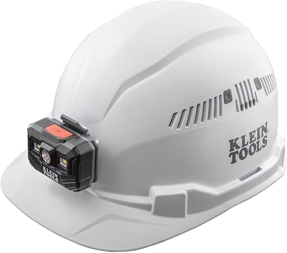Klein Tools 60113RL Hard Hat, Rechargeable Headlamp, Vented, Cap Style, Padded Self-Wicking Odor-Resistant Sweatband, White