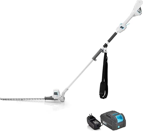 Redback 40V Cordless Pole Hedge Trimmer with Battery & Charger | 20" cutting length. Long reach design. 6-position adjustable head. Ideal for tall hedges and hard-to-reach areas.