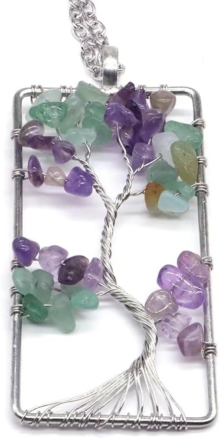 AtkitS meditation Natural Stone Tree of Life Necklace Pendant Women's Crystal Amethyst Pendant Wrap Chain (Color : Silvery)