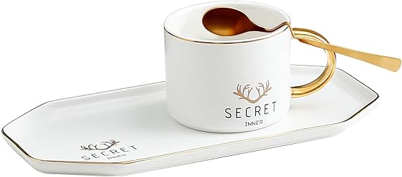Ceramic Coffee Cup Set - Tea Cup with Spoon and Saucer, 250ml Classic Coffee Cup and Tray Set for Coffee, Hot Chocolate, Cappuccino, and Latte Breakfast, White