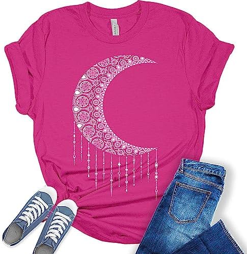 Womens Mandala Shirt Moon T-Shirt Summer Bella Short Sleeve Top Casual Plus Size Graphic Tee