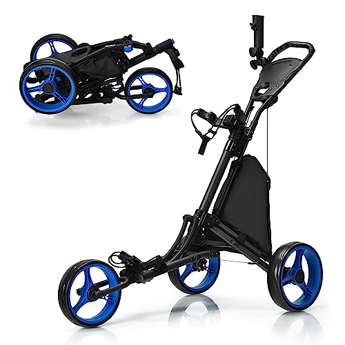 Tangkula Golf Push Pull Cart, Lightweight Aluminum Collapsible 3 Wheels Push Cart, Golf Trolley with Elastic Strap, Umbrella & Cup Holder, Scoreboard Storage & Foot Brake, Golf Cart