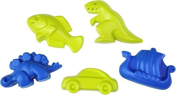 Lena 5 Piece Sand Set with Dinos, T-Rex, Stegosaurus, Fish, Car and Viking Ship, Suitable from 12 Months, Packed in Net
