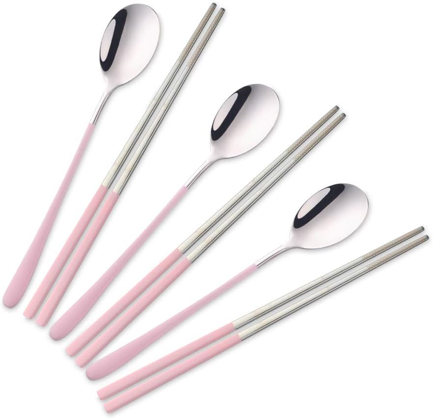 Chopsticks & Spoon Set, For 3 People, 18-8 Stainless Steel, Stylish, Hygienic, Korean Tableware, Stainless Steel Chopsticks, 9.3 inches 23.5 cm, Anti-Slip, For Guests, Bento Cutlery,