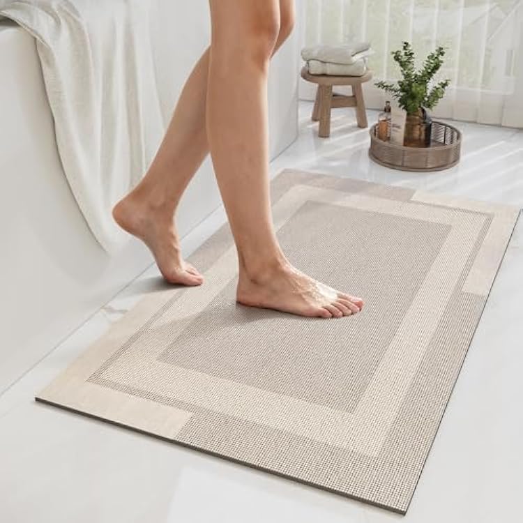 Non Slip Bath Mat, Rubber Backing Ultra Thin Bathroom Rugs Fit Under Door Quick Dry Super Absorbent Washable Bath Rug Shower Mat for Bathroom Floor Bathtub Shower Sink, Easy Care Beige 20x 32
