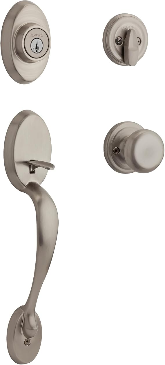 Kwikset Chelsea Front Door Lock Handle and Deadbolt Set, Entry Handleset Exterior with Interior Door Knob, Satin Nickel, Pick Resistant SmartKey Rekey Deadbolt Security