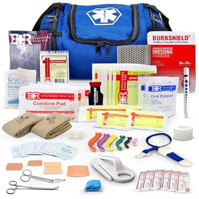 Fully Stocked Trauma First Aid Kit First Responder II Bag with Tools, Gauze, Bandages, Scissors & Gloves Compact & Portable OSHA and ANSI Compliant Blue