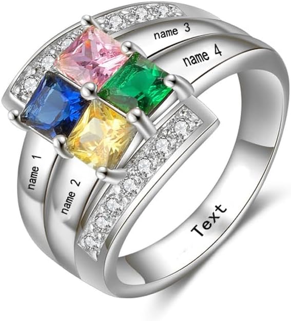 Silwan Natural Diamond Custom Mother Ring with 1-8 Stones 10K 14K 18K Solid Gold Personalized Birthstone Ring Real Gold Engraved Family Name Rings for Women Mom Wife Grandmother Mother's Day Birthday