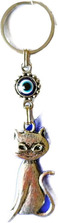 Magical Cat Evil Eye Beaded Metal Keychain Gift Ornament Car Bag Accessory 13cmx3cm