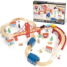 Maxim Enterprise, inc. Giant 60 pc Wooden Train Set - Complete Toy Railway w/Tracks, Engine, Cars, Bridges, Stations, People, Signs. Genuine Hardwood, Compatible with All Major Brand Accessories