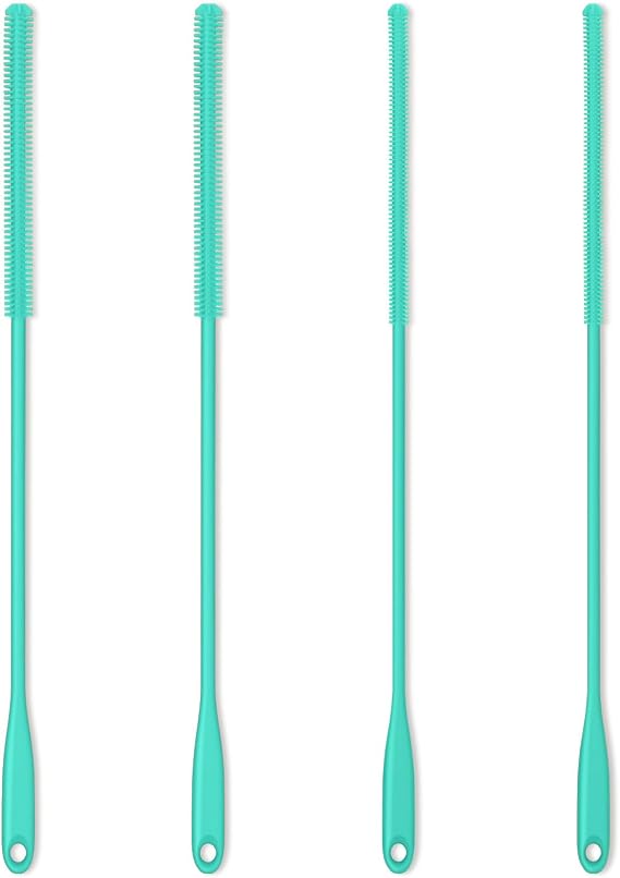 Silicone Straw Brush 4 Pack - (2 Small, 2 Wide) - 10 Inches Reusable Straw Cleaner, Pipe Cleaners, Straw Cleaning Tool for Drinking Straws, Pipes, Tubes, Glass and Detailing (Teal)