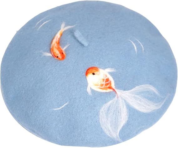 Handmade Luky Fish Beret Vintage Artist Painter Hat Women Wool Cap Koi Gift