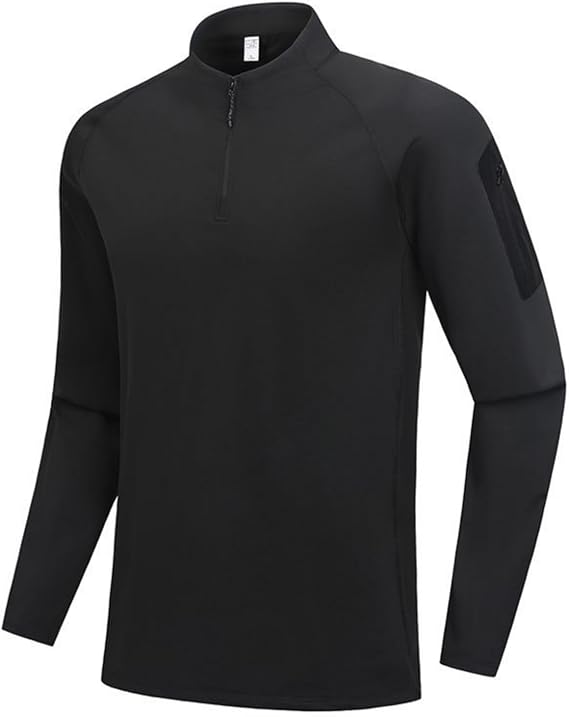 Men's Quarter Zip Stand Collar Tops Sleeve Pocket Work Shirts | Arm Zip Pocket Stand Collar Mens Tactical Quarter Zip Shirt Long Sleeve Hiking Work Outdoor Fall Winter Training Gear
