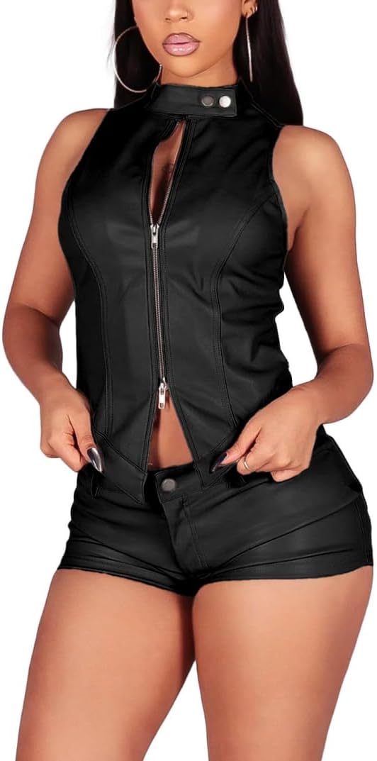 ksotutm Womens Leather Outfits Sexy Zipper Motorcycle Jacket Top and Shorts Set Club Outfits for Women 2 Piece Sets