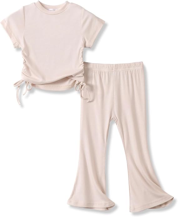 ACESTAR Toddler Baby Girls Clothes Set 2 Piece Summer Outfits Solid Short Sleeve T-Shirts Tee & Flared Pants Sets 12M-6 Years