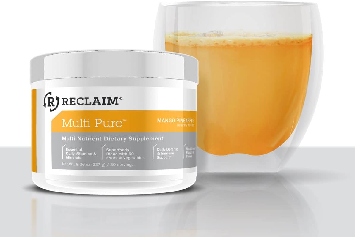 Reclaim Multi Pure Mandarin Clementine Immune Support, Vitamin C, Vitamin B Complex, Probiotic, Superfood Powder, Calcium, Magnesium Oxide, (30 Servings) (Mandarin Clementine)