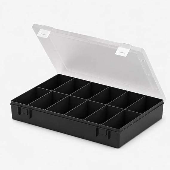 hünersdorff Assortment Box: Sturdy PP Classic Sorting Box with Fixed Compartments (12 Compartments) Sorting Box Dimensions: 225 x 335 x 55 mm Black