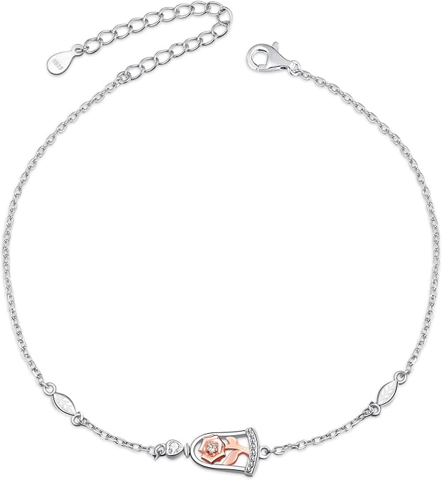 Friendship Bracelets for Women - 925 Sterling Silver Rose Flower Bracelet Jewelry Birthday Xmas Gifts for Wife Mom Daughter