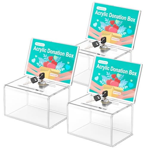 MaxGear Acrylic Donation Box with Lock 3 Pack, Large Ballot Box with Sign Holder, Clear Storage Container for Voting, Charity, Ballot, Suggestion 6.25 x 4.5 x 4