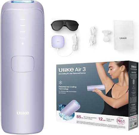Ulike Air 3 IPL Hair Removal Device for Face and Body at Home Alternative to Laser Hair Removal with Sapphire Ice Cooling System for Painless Long-Lasting Results Provence Purple Pain-free skin-friendly sapphire ice cooling system home whole body 93% hair reduction 4 weeks