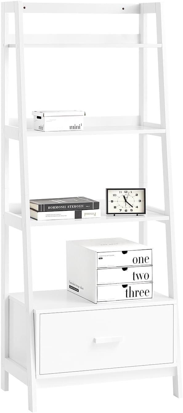 SoBuy Bookcase Bookshelf Ladder Shelf Storage Display Shelving with Drawer and 4 Shelves White W64 x D40 x H160cm FRG116-W
