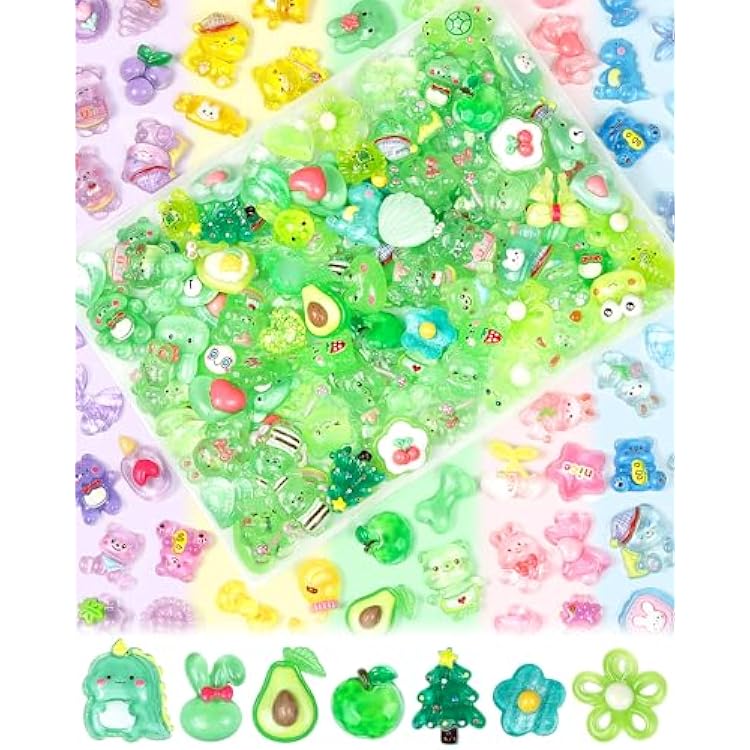 100PCS FIVEIZERO Cute Slime Charms Bulk Set Kawaii Flatback Resin Charms for Crafts, Mini Decoden Acrylic Embellishments for Phone Junk Cases, Scrapbooking & DIY Decoration Green