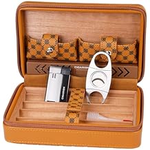 Cigar Travel Humidor, PU Leather Cigar Case, Cigar Cutter and Lighter Set (Brown)