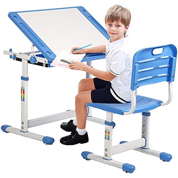 Dkeli Kids Desk and Chair Set Adjustable Height Ergonomic Childrens Table with Storage Drawer Kids Study Homework Desk Table for 3-15 Kids Blue