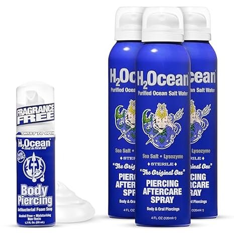 H2Ocean Body Piercing Foam Soap 1.7oz Piercing Aftercare Spray and Keloid Bump Removal 4oz, Pack of 3