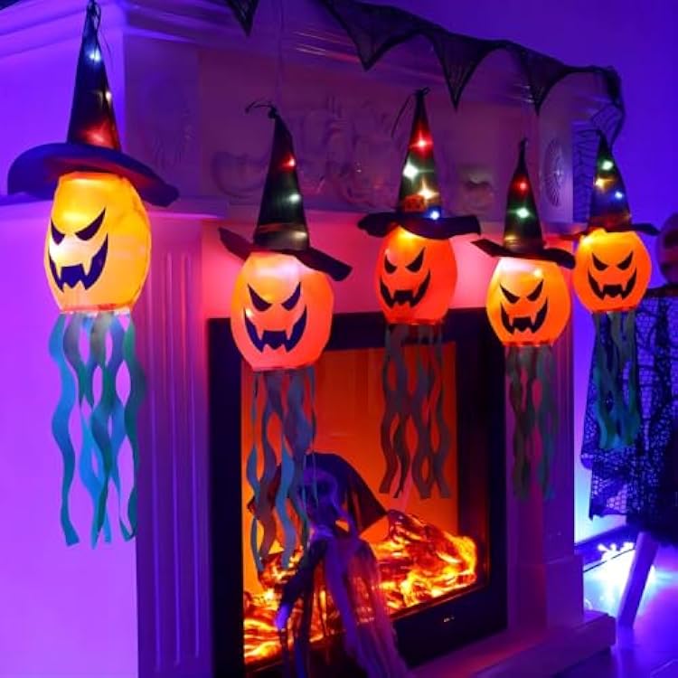 Halloween 5Pcs Lighted Hanging Pumpkin Witch Hats with 10ft Colorful Halloween Ghost LED Lights String for Indoor Outdoor Garden Yard Porch Tree Party Decor