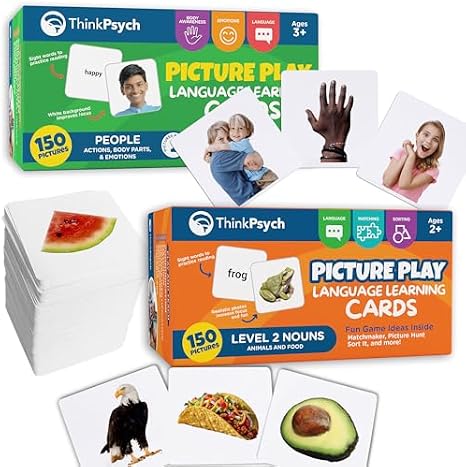 ThinkPsych Advanced Language Learning Cards Bundle: 300 Durable Flashcards - Nouns, Actions, Emotions & More (Level 2 Nouns + People Set)